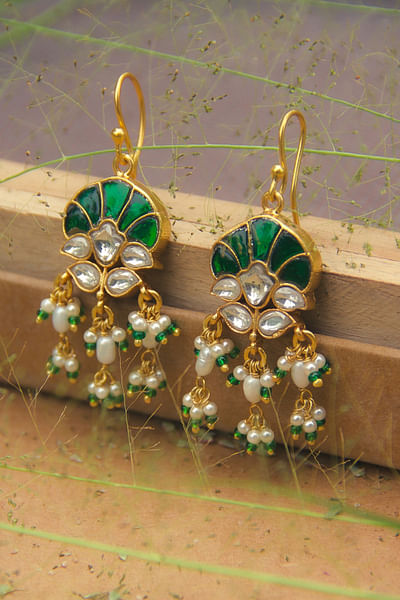 Green and white floral kundan earrings