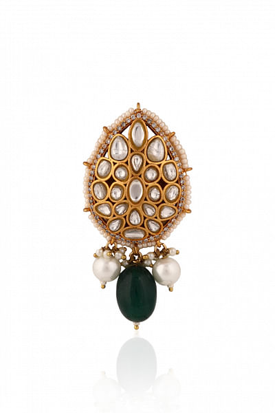Green and white jadtar and pearl brooch
