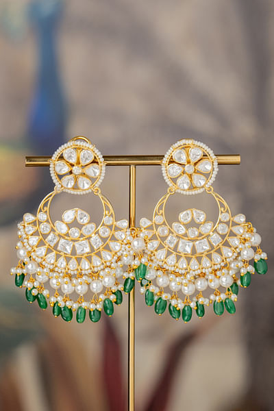 Green and white kundan polki chandbalis