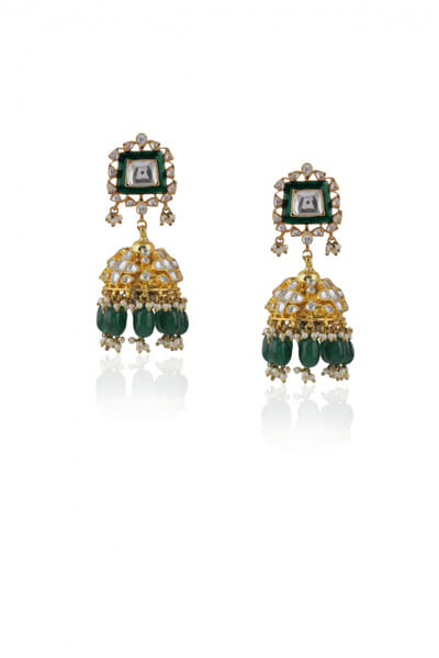 Green and white meenakari jadtar and semi-precious stone studded jhumkas