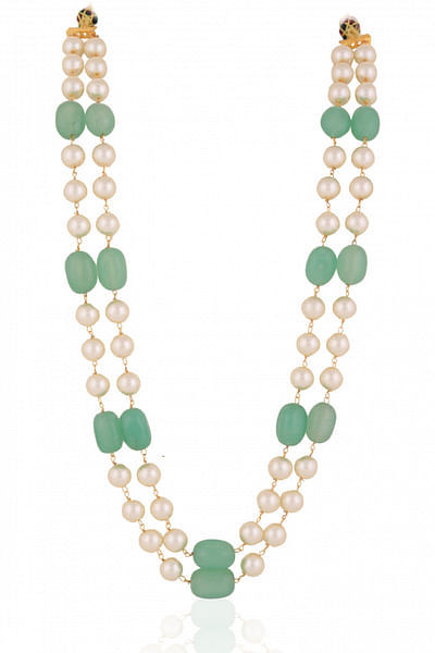 Green and white pearl bead layered necklace