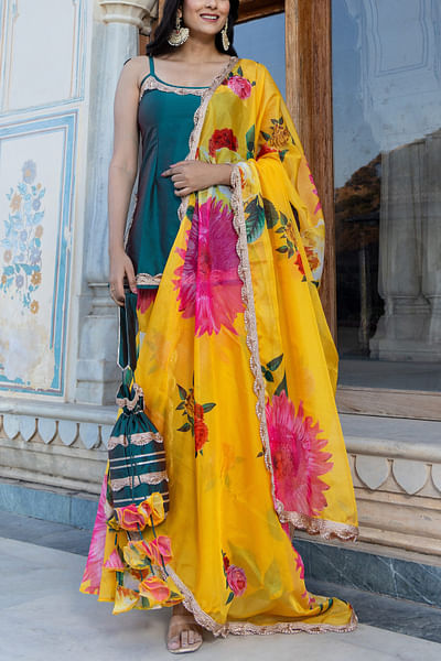 Green and yellow floral print sharara set