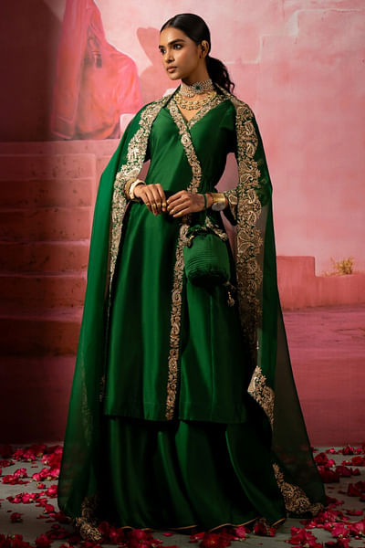 Green paisley embroidery angrakha sharara set