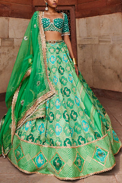 Green animal motif banarasi lehenga set