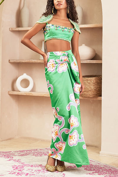 Green artsy print draped skirt and top