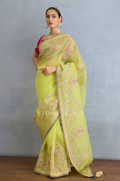 Green badla and thread embroidered sari set