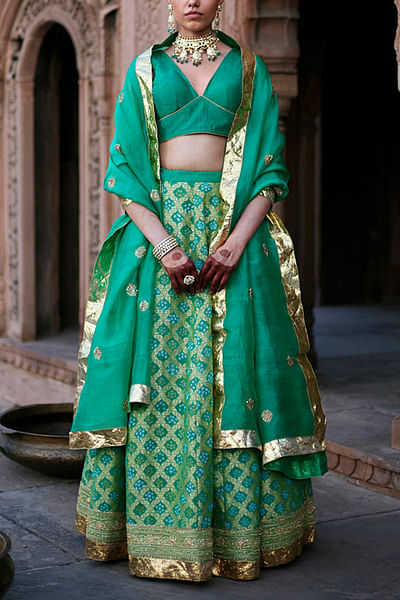 Green banarasi bandhej lehenga set