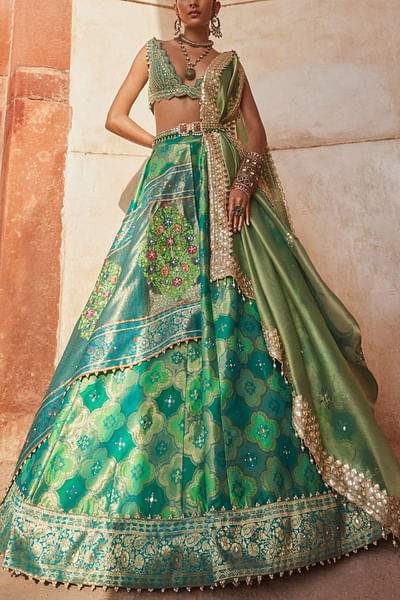 Green banarasi chanderi lehenga set