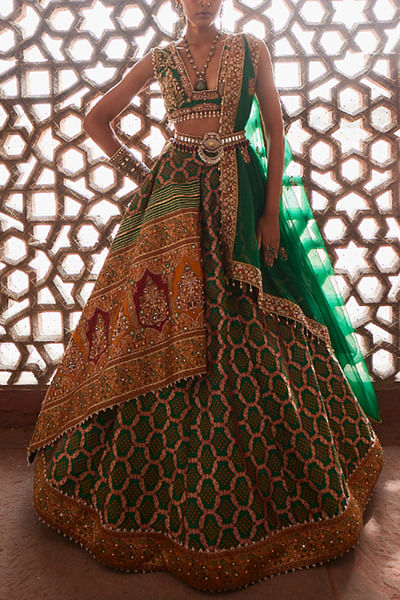 Green bandhani banarasi lehenga set