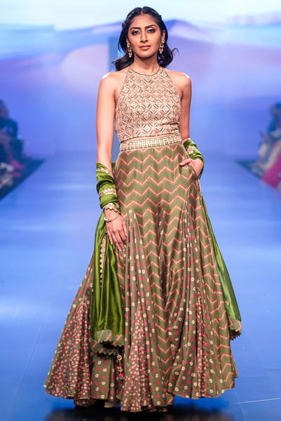 Green bandhani print lehenga set