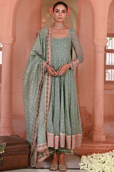Green bandhej printed anarkali set