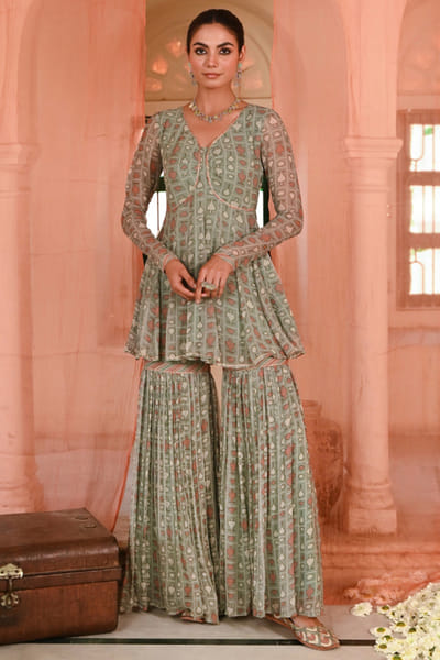 Green bandhej printed gharara set