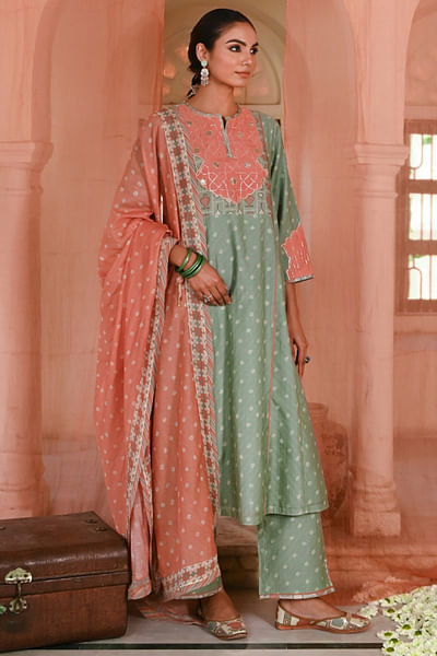 Green bandhej printed kurta set