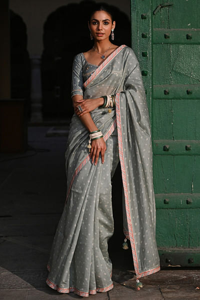 Green bandhej printed sari set