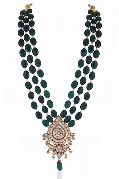 Green bead and jadtar layered necklace