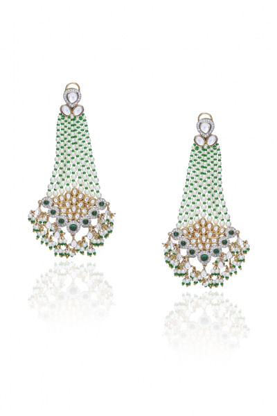Green bead and kundan chandelier earrings