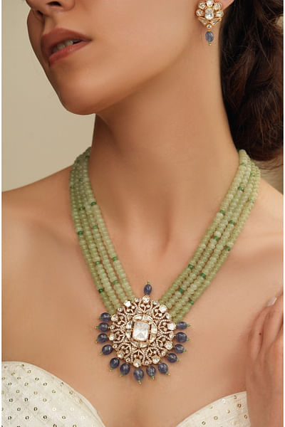 Green bead layered polki pendant necklace set