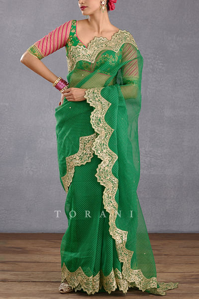 Green bhagalpuri print embellished sari set