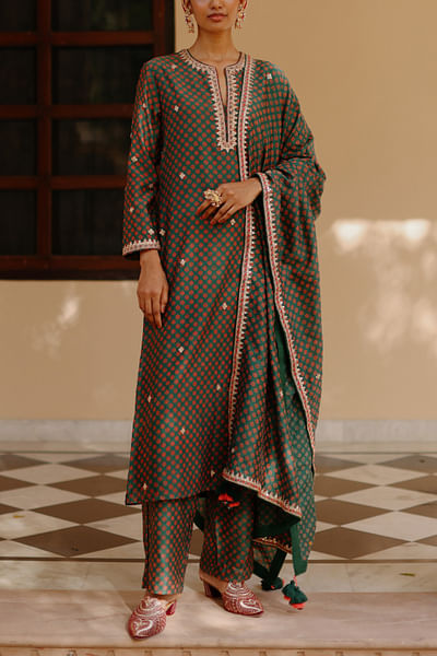 Green block print and embroidered kurta set