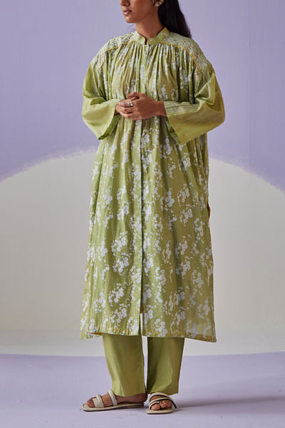 Green block printed shirt and trousers