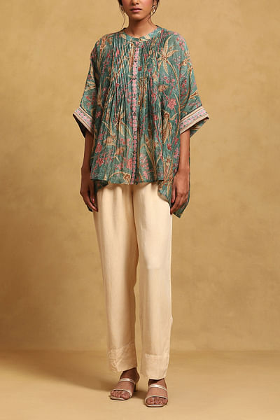 Green botanical printed chanderi kurta and camisole