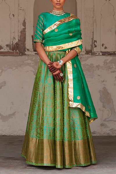 Green brocade banarasi lehenga set