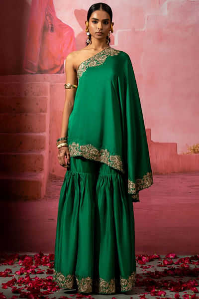 Green paisley embroidered cape and sharara