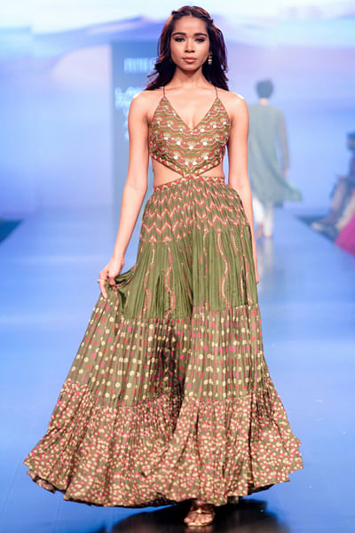 Green coin embellished tiered dress