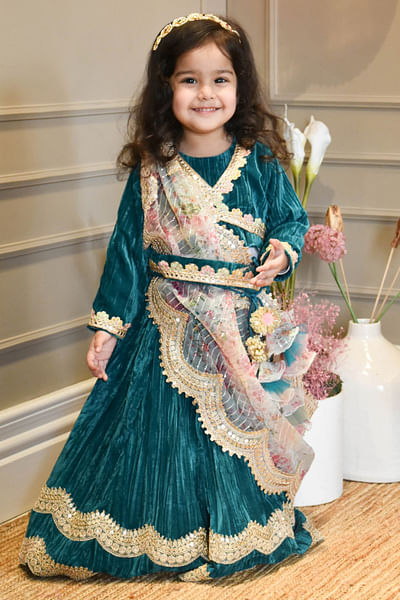 Green crinkle velvet lehenga set
