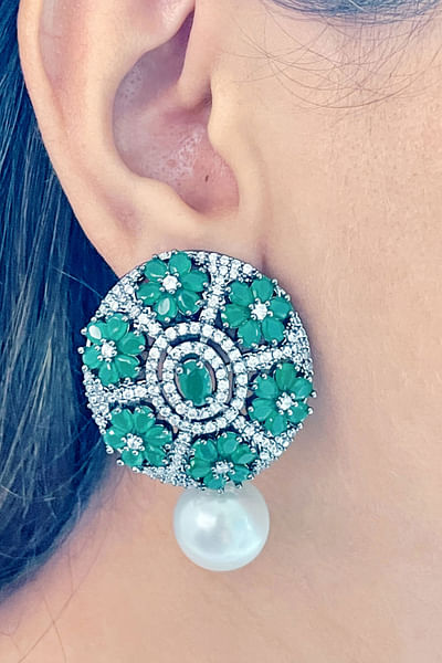 Green crystal and pearl studded drop earrings