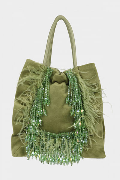 Green crystal feather accented tote bag