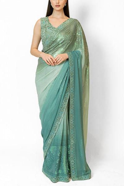 Green cutdana and sequin embellished sari set