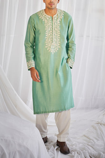 Green dori and mirror work kurta set