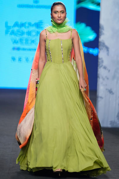 Green embellished anarkali corset set
