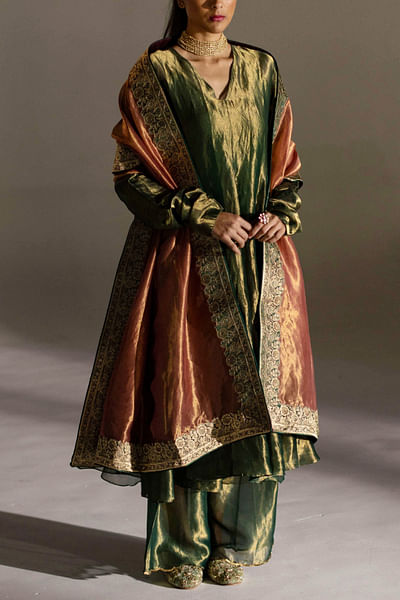 Green embellished tissue silk kurta set