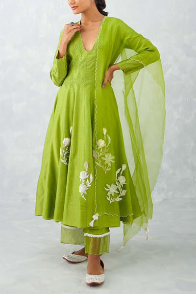 Green embroidered anarkali set