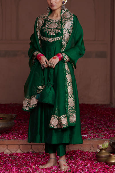Green embroidered anarkali set