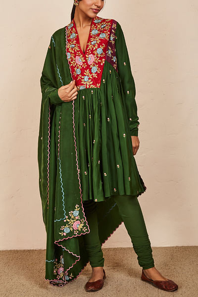 Green embroidered anarkali set