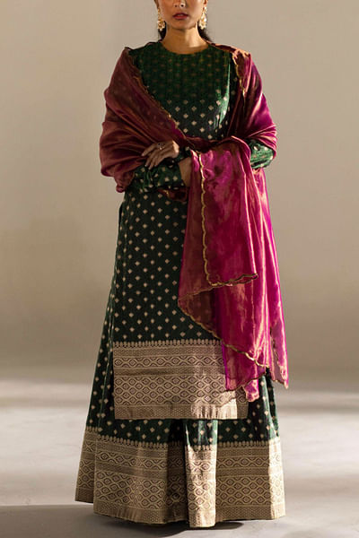 Green embroidered kurta and gharara set