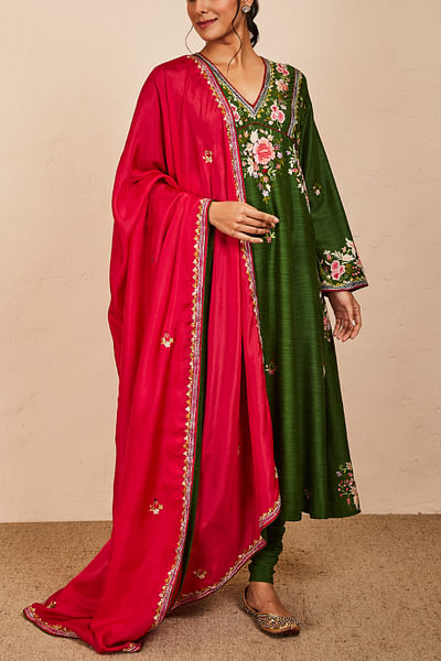 Green embroidered kurta set