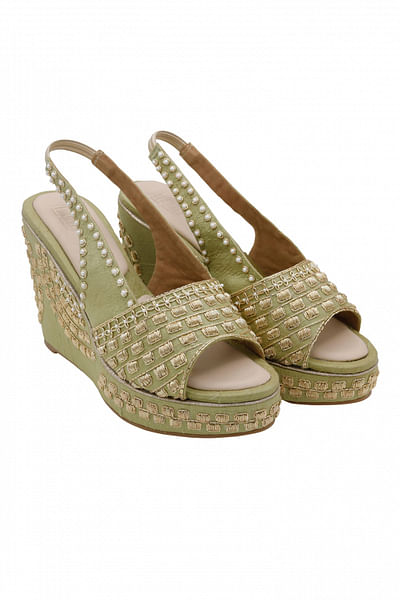 Green embroidered peep toe wedges