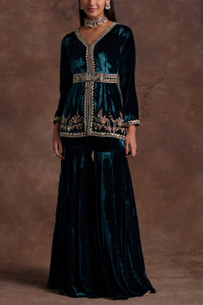 Green embroidered peplum top and sharara