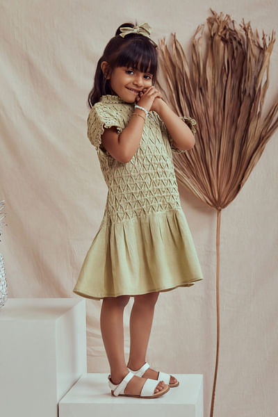 Green embroidered ruffle dress