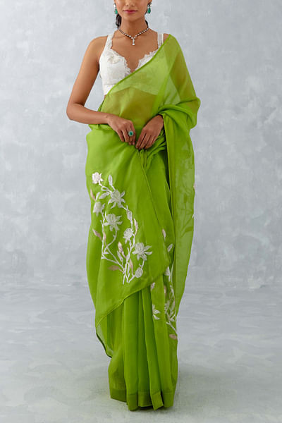 Green embroidered sari set
