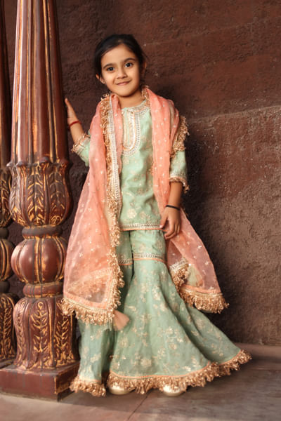 Green embroidered sharara set