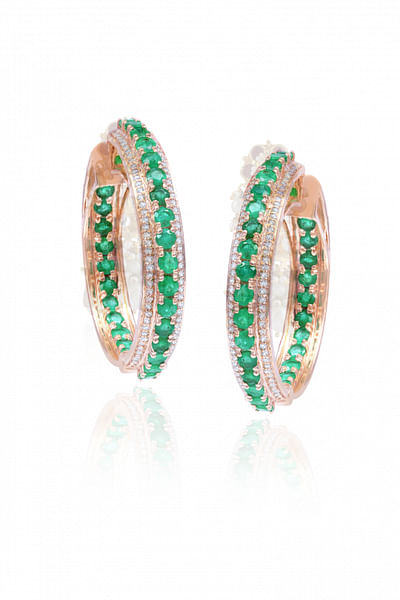 Green emerald and diamond hoop earrings