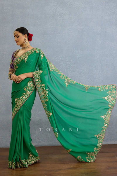 Green flora dori and dabka embroidery sari set