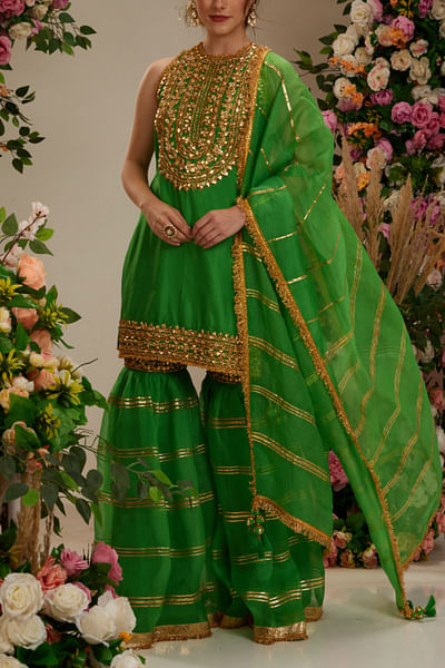 Green floral and stripe gota work gharara set