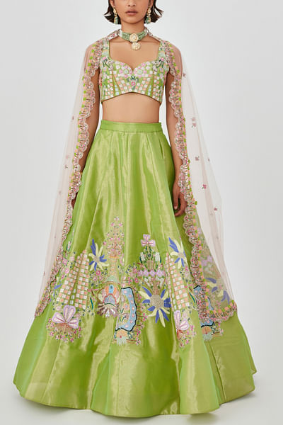 Green floral appliqued kali lehenga set