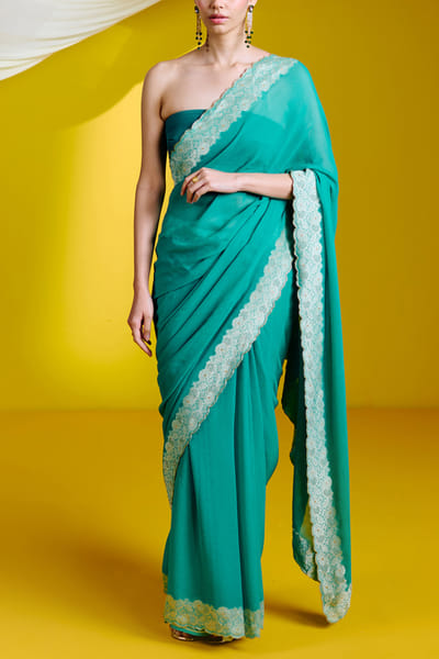 Ekaya Green floral banarasi cutwork sari set EKYJAN24D204